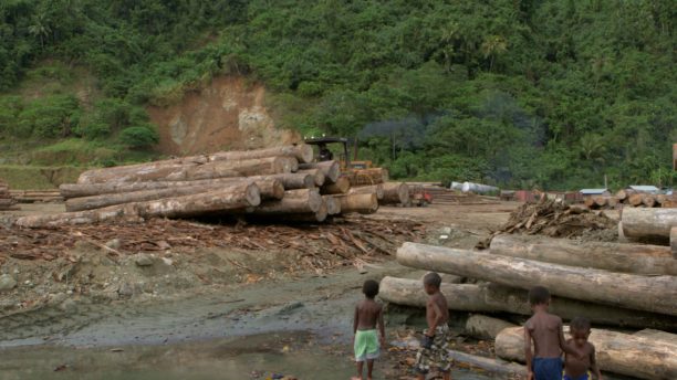 Children play at a log pond in Turubu Bay, East Sepik, Papua New Guinea.